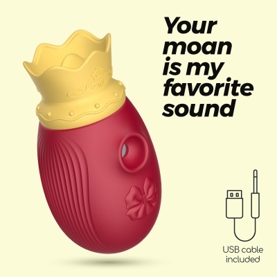 Produto vermelho com coroa amarela e texto publicitário ao lado