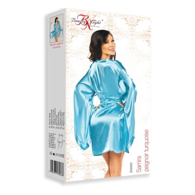 embalagem de robe feminino azul turquesa de cetim com cinto