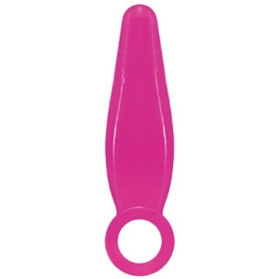 Objeto alongado rosa com anel circular na base, fundo branco