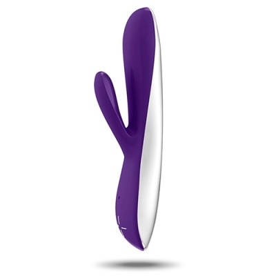 Vibrador tipo coelho roxo e branco com botões de controlo.