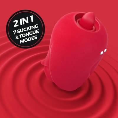 Dispositivo vermelho com botões brancos em fundo vermelho com texto