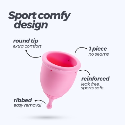 Copo menstrual rosa de silicone com design confortável para desporto