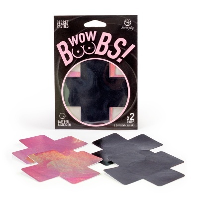 Pacote de adesivos para mamilos WOW BOOBS! com dois pares em rosa holográfico e preto