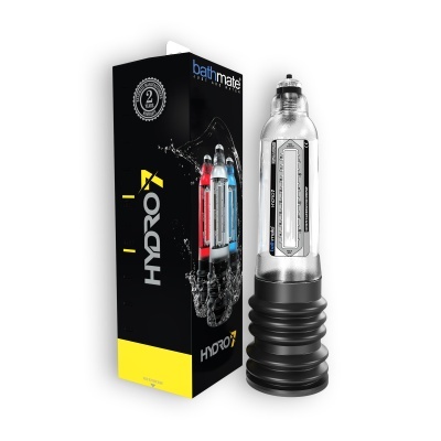 Dispositivo cilíndrico transparente com base preta e embalagem preta e amarela com texto HYDRO7