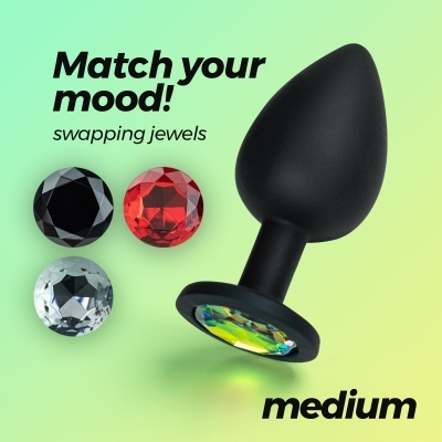 Plug anal preto médio com joia colorida e três joias intercambiáveis