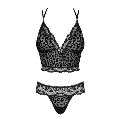 Conjunto de lingerie feminino preto com padrão animal print e detalhes em renda