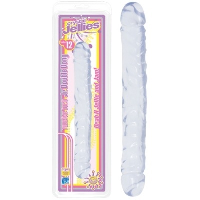 Dildo transparente de 30 cm embalado em plástico com texto colorido