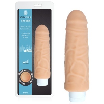 Vibrador de cor pele com embalagem azul e branca