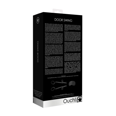 Embalagem preta com instruções brancas para o produto DOOR SWING da marca Ouch!