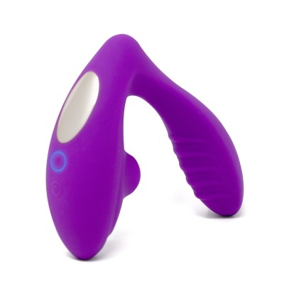 Dispositivo roxo em silicone com design curvado e detalhes brancos
