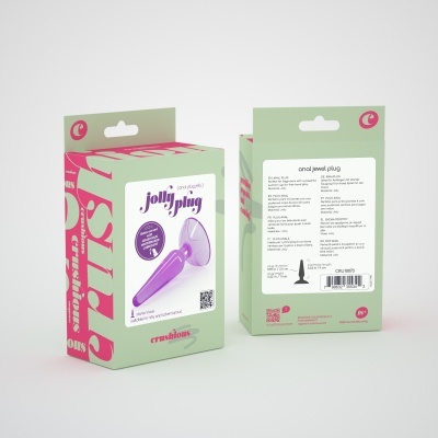 Embalagem verde e rosa para plug anal roxo Jolly Plug da CreationS.