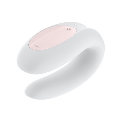 Dispositivo eletrónico branco com parte rosa e botões