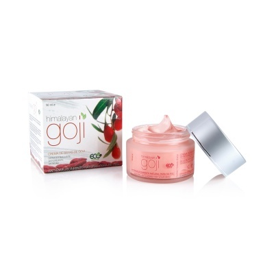 Creme facial rosado Himalayan Goji com embalagem e tampa prateada