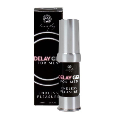 Gel masculino Delay Gel for Men em embalagem preta com texto e tubo prateado