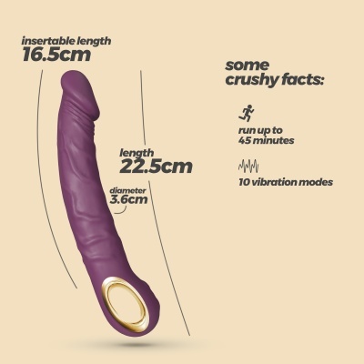 Vibrador roxo com textura veiculada e base dourada, com dimensões e funcionalidade descritas.