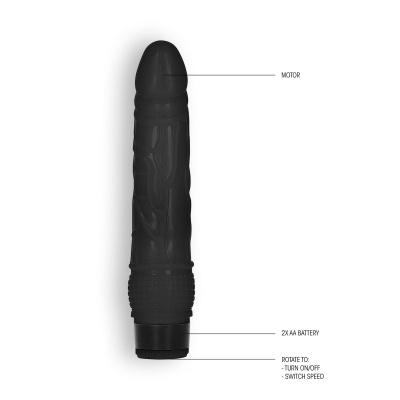 Vibrador preto texturizado com anotações técnicas em fundo branco