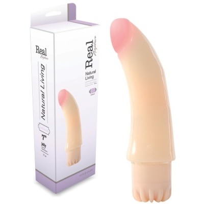 Vibrador tipo pénis bege com embalagem branca e roxa