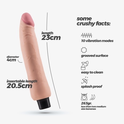 vibrador cor de pele anatómico com especificações de tamanho, modos de vibração e características de limpeza