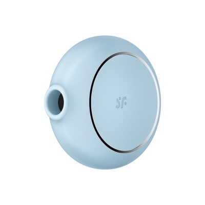 Dispositivo redondo azul com orifício lateral e detalhe cromado