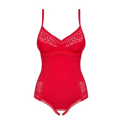 Body feminino vermelho com detalhes em renda branca