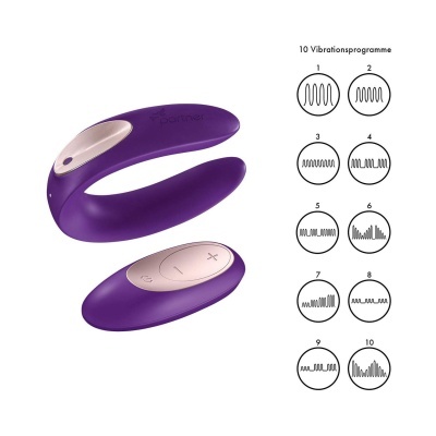 Dispositivo roxo de silicone curvado com controle remoto e gráficos de programas de vibração.