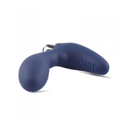Vibrador masculino azul em silicone com textura e detalhe metálico