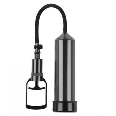 Bomba manual metálica prateada com tubo e botão preto