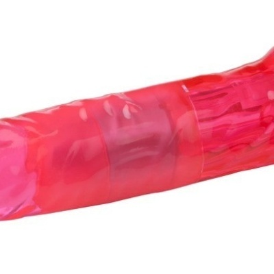 Vibrador de silicone translúcido cor-de-rosa com base rosa e botão