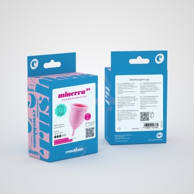 Embalagem de copo menstrual minerro xs cor rosa com detalhes em azul