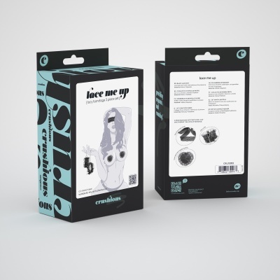 Embalagem de produto face me up com ilustração de mulher e textos em fundo preto e azul claro