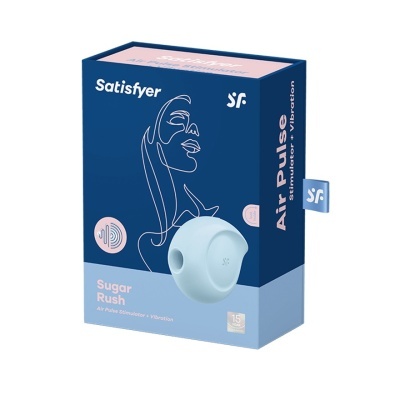 Embalagem azul e rosa do estimulador Satisfyer Air Pulse Sugar Rush com dispositivo azul claro na frente