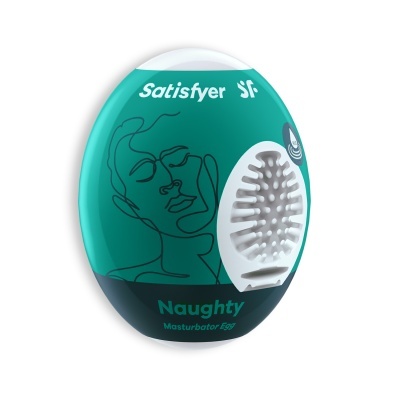 Embalagem azul e preta do Satisfyer Naughty Masturbator Egg com ilustração de rosto e textura do produto