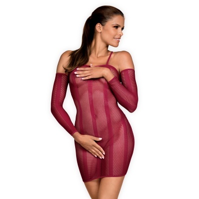 Vestido justo em malha de rede cor vinho com mangas compridas e ombros à mostra