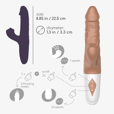 Vibrador marrom com base branca e controles, medidas e modos indicados
