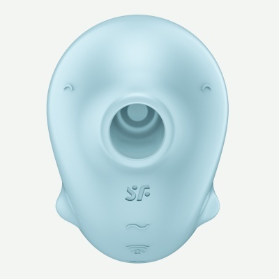 Dispositivo azul claro arredondado com símbolos gravados em relevo