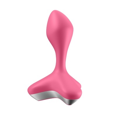 Produto rosa em silicone com base prateada, formato anatómico