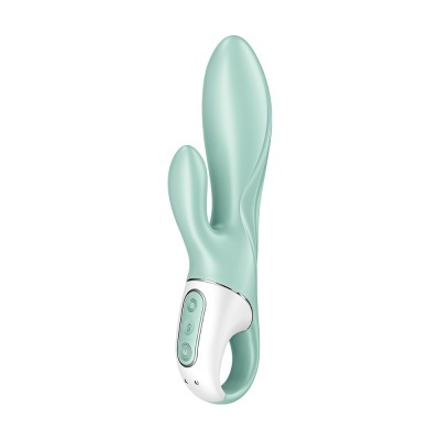 Vibrador verde água com base branca e botões, fundo branco