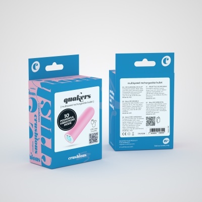 Embalagem do produto quakers, bala recarregável multivelocidade cor-de-rosa, caixa azul, rosa e branco com texto e código QR