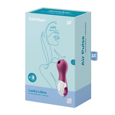 Embalagem azul claro de estimulador vibratório Lucky Libra da Satisfyer, com imagem do produto vinho e branca e desenho de rosto feminino linear.