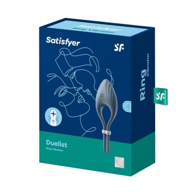 Embalagem azul e verde do Satisfyer Duelist Ring Vibrator com ilustração e texto visível