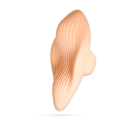Vibrador feminino em silicone cor de pele com textura ondulada e forma curvada