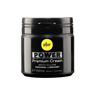 Frasco preto de creme pjur POWER Premium Cream com tampa preta e rótulo com texto