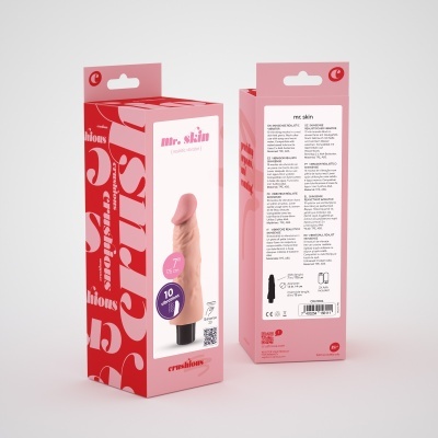 Embalagem rosa com vibrador realista e texto promocional
