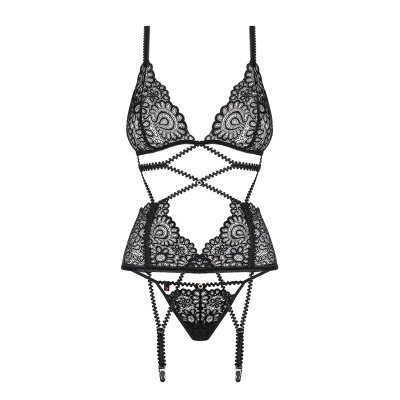 Conjunto de lingerie preto em renda com detalhes em laços cruzados e suspensórios.