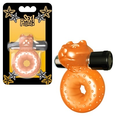 Anel vibrador rosa com textura e embalagem laranja com texto SEX PLEASE