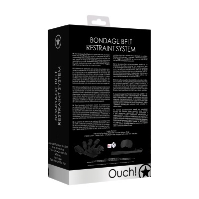 Embalagem preta da marca Ouch! com texto e imagens do sistema de contenção Bondage Belt Restraint System