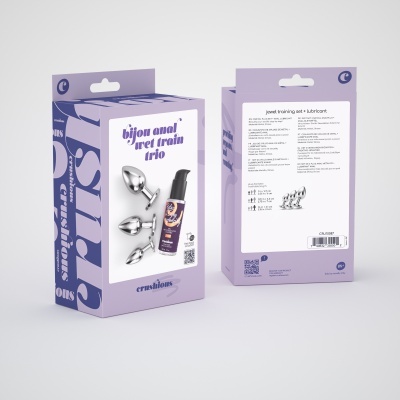 Embalagem roxa do conjunto Bijou anal pret train trio com três plugues metálicos e frasco de lubrificante