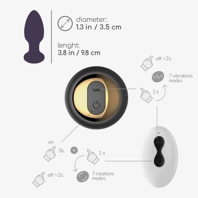 Plug anal roxo com controle remoto branco e indicações de modos de vibração e rotação