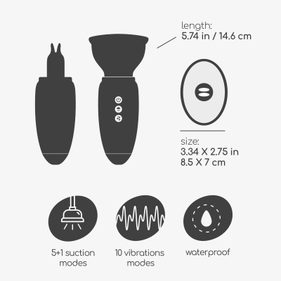 Dispositivo preto com modos de sucção, vibração e resistência à água, medidas indicadas
