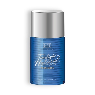 Frasco azul de spray Twilight Natural com tampa prateada.